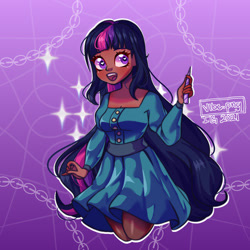 Size: 1280x1280 | Tagged: safe, artist:vibe-png, imported from derpibooru, twilight sparkle, human, blushing, chains, clothes, dark skin, dress, eyebrows, female, gradient background, happy, heart, heart eyes, horn, humanized, looking up, open mouth, open smile, signature, smiling, solo, sparkles, wingding eyes