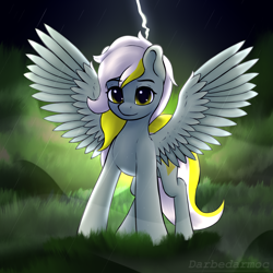 Size: 2048x2048 | Tagged: safe, artist:darbedarmoc, imported from derpibooru, oc, oc only, pegasus, pony, fog, grass, lightning, looking at you, night, pegasus oc, rain, solo, spread wings, tail, two toned mane, two toned tail, wings