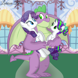 Size: 720x720 | Tagged: safe, artist:mlplary6, imported from derpibooru, rarity, spike, oc, oc:pearl, dracony, dragon, hybrid, pony, unicorn, carrying, family, female, filly, foal, interspecies offspring, looking at each other, looking at someone, male, mare, offspring, older, older spike, parent:rarity, parent:spike, parents:sparity, shipping, smiling, smiling at each other, sparity, straight