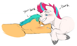 Size: 1280x772 | Tagged: safe, artist:chub-wub, imported from derpibooru, hitch trailblazer, zipp storm, earth pony, pegasus, pony, adorazipp, bedroom eyes, blushing, chin fluff, cute, duo, g5, gay, grin, hitchbetes, hitchzipp, male, nuzzling, shipping, simple background, smiling, stallion, trans male, transgender, unshorn fetlocks, white background