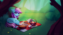 Size: 3000x1694 | Tagged: safe, artist:shavurrr, imported from derpibooru, oc, oc only, oc:nohra, earth pony, basket, chest fluff, commission, ear fluff, female, floppy ears, food, forest, full body, nature, picnic, picnic basket, picnic blanket, pie, smiling, solo, tail, two toned mane, two toned tail, waiting