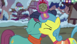 Size: 1280x738 | Tagged: safe, imported from derpibooru, screencap, autumn leaf, lemon hearts, pony, unicorn, a hearth's warming tail, season 6, ^^, cheek kiss, cute, daaaaaaaaaaaw, duo, eyes closed, female, kissing, lemonbetes, lemonleaf, magic, male, mare, mistletoe, shipping, shipping fuel, stallion, straight, telekinesis