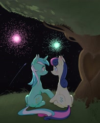Size: 2500x3062 | Tagged: safe, artist:leviathanrabbit, imported from derpibooru, bon bon, lyra heartstrings, sweetie drops, earth pony, pony, unicorn, blushing, duo, female, fireworks, lesbian, looking at each other, looking at someone, lyrabon, night, shipping, smiling, tree, under the tree