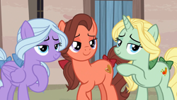 Size: 1920x1080 | Tagged: safe, imported from derpibooru, screencap, dear darling, fond feather, swoon song, earth pony, pegasus, pony, unicorn, hard to say anything, season 7, 1080p, bimbettes, female, happy, lidded eyes, looking at you, mare, raised hoof, trio, trio female