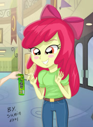 Size: 1024x1406 | Tagged: safe, artist:sumin6301, imported from derpibooru, apple bloom, human, equestria girls, blushing, female, food, grin, hand, ice cream, korean, melona, offscreen character, smiling, solo focus