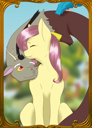 Size: 2160x3000 | Tagged: safe, artist:darmetyt, imported from derpibooru, discord, fluttershy, draconequus, pegasus, pony, discoshy, duo, duo male and female, eyebrows, eyes closed, female, high res, male, nuzzling, one eye closed, shipping, sitting, smiling, spread wings, straight, wings