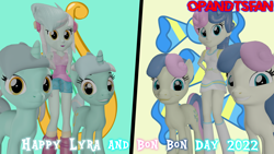 Size: 3840x2160 | Tagged: safe, artist:optimussparkle, imported from derpibooru, bon bon, lyra heartstrings, sweetie drops, earth pony, human, pony, unicorn, equestria girls, 3d, lyra and bon bon day, older bon bon, older lyra heartstrings, source filmmaker