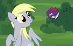 Size: 3500x2189 | Tagged: safe, artist:badumsquish, derpibooru exclusive, imported from derpibooru, derpy hooves, pegasus, pony, :o, bush, confused, discussion in the comments, female, high res, looking back, mare, master ball, motion blur, offscreen character, open mouth, poké ball, pokémon, raised hoof, show accurate, sitting, solo, spread wings, throwing, wings