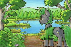 Size: 2688x1791 | Tagged: safe, artist:dandy, imported from derpibooru, oc, oc only, oc:jack pine, earth pony, pony, artfight, beard, butt, clothes, copic, facial hair, flower, lake, male, nature, plot, scenery, shirt, solo, stallion, traditional art, tree, unshorn fetlocks, water