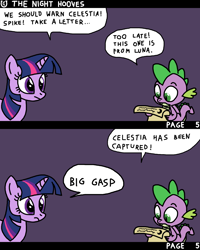 Size: 1600x2000 | Tagged: safe, artist:nopony, imported from derpibooru, spike, twilight sparkle, dragon, pony, comic:the night hooves, atg 2022, comic, female, gasp, male, mare, newbie artist training grounds, scroll, speech bubble, winged spike, wings