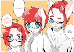 Size: 4093x2894 | Tagged: safe, artist:sugarelement, imported from derpibooru, oc, oc:red cherry, pegasus, pony, dialogue, glasses, hairstyle, paradox, self paradox