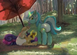 Size: 2732x1944 | Tagged: safe, artist:asdfasfasda, imported from derpibooru, bon bon, lyra heartstrings, sweetie drops, earth pony, pony, unicorn, cute, diaper, diaper fetish, duo, feeding, fetish, foal bottle, forest, grass, looking back, lying down, magic, non-baby in diaper, on back, pacifier, smiling, standing, summer, telekinesis, umbrella