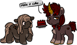 Size: 1699x984 | Tagged: safe, artist:sexygoatgod, imported from derpibooru, oc, oc only, oc:cherry velvet, oc:meatball, pegasus, pony, unicorn, brothers, cake, chibi, curved horn, duo, facial hair, fat, food, hair over one eye, height difference, horn, male, obese, ponytail, siblings, simple background, small wings, transparent background, wings