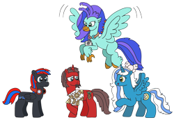 Size: 3264x2256 | Tagged: safe, artist:supahdonarudo, imported from derpibooru, oc, oc only, oc:fleurbelle, oc:ironyoshi, oc:sea lilly, oc:smooth walker, alicorn, classical hippogriff, hippogriff, pegasus, unicorn, atg 2022, bow, camera, clothes, flying, headphones, jewelry, looking at each other, looking at someone, necklace, newbie artist training grounds, raised hoof, shirt, simple background, transparent background, worried