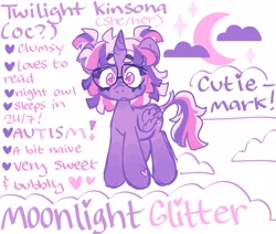 Size: 2600x2200 | Tagged: safe, artist:cherubkewpie, imported from derpibooru, oc, oc only, oc:moonlight glitter, alicorn, pony, alternate design, alternate hairstyle, autism, glasses, heart, kinsona, looking at you, neurodivergent, not twilight sparkle, reference sheet, simple background, smiling, solo, white background
