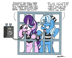 Size: 1024x829 | Tagged: safe, artist:bobthedalek, imported from derpibooru, starlight glimmer, trixie, pony, unicorn, road to friendship, angry, atg 2022, clothes, cuffs, female, hat, implied twilight sparkle, inconvenient trixie, jail, mare, newbie artist training grounds, prison outfit, prisoner sg, prisoner tx, shirt