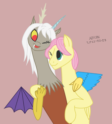 Size: 1197x1326 | Tagged: safe, artist:apic86, derpibooru exclusive, imported from derpibooru, discord, fluttershy, draconequus, pegasus, pony, 2022, butterscotch, discoshy, duo, eris, eriscotch, female, hug, looking at each other, looking at someone, male, newbie artist training grounds, one eye closed, rule 63, shipping, simple background, straight