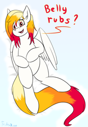 Size: 1380x2000 | Tagged: safe, artist:triksa, imported from derpibooru, oc, oc only, pegasus, pony, bellyrub request, bellyrubs, looking at you, lying down, on back, pegasus oc, simple background, solo