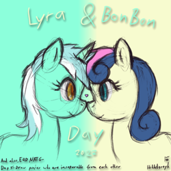 Size: 1000x1000 | Tagged: safe, artist:hiddelgreyk, imported from derpibooru, bon bon, lyra heartstrings, sweetie drops, earth pony, unicorn, atg 2022, female, heart, lesbian, looking at each other, looking at someone, lyra and bon bon day, lyrabon, mare, newbie artist training grounds, shipping, simple background