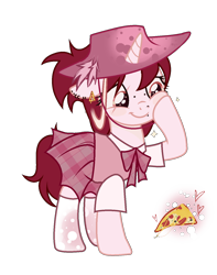 Size: 1150x1459 | Tagged: safe, artist:idkhesoff, imported from derpibooru, oc, oc only, oc:deep dish (mafia), pony, unicorn, bowtie, clothes, ear piercing, earring, eye scar, feather, fedora, female, food, hat, jewelry, lip piercing, mare, nose piercing, piercing, pizza, raised hoof, scar, shirt, simple background, skirt, socks, solo, stockings, thigh highs, transparent background