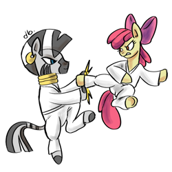 Size: 1000x1000 | Tagged: safe, artist:dubudrops, imported from derpibooru, apple bloom, zecora, earth pony, pony, zebra, dodge, female, fight, filly, foal, g4, karate, kicking, mare, simple background, training, white background