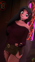 Size: 2160x3840 | Tagged: safe, artist:donglysfm, imported from derpibooru, izzy moonbow, anthro, unicorn, 3d, ball, big breasts, breasts, busty izzy moonbow, cellphone, clothes, collar, ear piercing, earring, fishnets, g4, g5, g5 to g4, generation leap, goth, goth izzy, high res, izzy's tennis ball, jewelry, lipstick, neon, panties, phone, piercing, revamped anthros, skirt, solo, source filmmaker, sweater, tennis ball, underwear