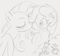 Size: 972x910 | Tagged: safe, artist:dotkwa, imported from derpibooru, fluttershy, oc, oc:deary dots, earth pony, pegasus, pony, belly button, blushing, canon x oc, eyes closed, female, grayscale, kiss on the lips, kissing, lesbian, mare, monochrome, nose wrinkle, outie belly button, pregnant, rapid pregnancy, shipping