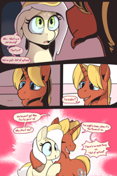 Size: 3000x4500 | Tagged: safe, artist:storyteller, imported from derpibooru, oc, oc:hard boiled, oc:sunny side, earth pony, unicorn, comic:eavesdrop, comic, dialogue, female, hug, male, mare, sad, smiling, speech bubble, stallion, worried