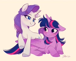 Size: 3339x2690 | Tagged: safe, artist:imalou, imported from derpibooru, rarity, twilight sparkle, alicorn, pony, unicorn, blushing, female, lesbian, looking at each other, looking at someone, mare, one ear down, rarilight, shipping, smiling, twilight sparkle (alicorn)