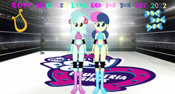 Size: 3330x1785 | Tagged: safe, artist:invisibleink, imported from derpibooru, bon bon, lyra heartstrings, sweetie drops, human, equestria girls, belly button, breasts, clothes, elbow pads, female, knee pads, lesbian, lyra and bon bon day, lyrabon, shipping, shoes, sports, sports bra, sports panties, wrestler, wrestling, wrestling ring