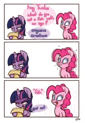 Size: 1000x1446 | Tagged: safe, artist:lou, pinkie pie, twilight sparkle, earth pony, pony, unicorn, blushing, comic, female, mare, open mouth, pun, reading, scroll, shaking, simple background, smiling, talking