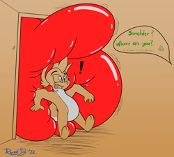 Size: 2000x1800 | Tagged: safe, artist:rupertbluefox, derpibooru exclusive, imported from derpibooru, smolder, dragon, series:natg rupert 22, balloon, balloon fetish, dichromatic, dragoness, exclamation point, female, fetish, hiding, hissing, implied spike, limited palette, male, motion lines, newbie artist training grounds, offscreen character, open mouth, pushing, secret, sketch, squishy, that dragon sure does love balloons