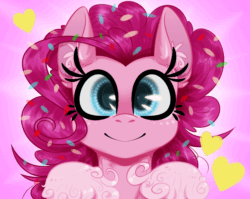 Size: 730x580 | Tagged: safe, artist:carrion1750, imported from derpibooru, pinkie pie, earth pony, pony, :p, animated, blinking, eyeshadow, female, gif, heart, looking at you, makeup, pink background, simple background, smiling, solo, tongue out, unshorn fetlocks