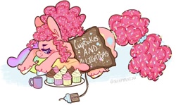 Size: 500x297 | Tagged: safe, artist:equestrianartneighseum, imported from twibooru, pinkie pie, earth pony, pony, alternate hairstyle, back pain, candy, colored hooves, cup, cupcake, female, food, image, lying down, mare, needs more jpeg, pillow, plate, ponytail, simple background, solo, sprinkles, sweets, unshorn fetlocks, white background