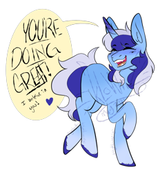 Size: 500x545 | Tagged: safe, artist:g-oldenarts, imported from twibooru, minuette, pony, unicorn, colored hooves, eyes closed, female, gradient hooves, image, mare, open mouth, png, positive ponies, simple background, smiling, solo, speech bubble, talking to viewer, text, transparent background