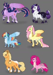 Size: 1000x1414 | Tagged: safe, artist:theartfox2468, imported from twibooru, applejack, fluttershy, pinkie pie, rainbow dash, rarity, twilight sparkle, alicorn, earth pony, pegasus, pony, unicorn, blaze (coat marking), braid, braided pigtails, chest fluff, colored ears, colored hooves, colored wings, curved horn, facial markings, female, fluffy, gradient hooves, gradient wings, height difference, horn, image, leonine tail, mane six, mare, multicolored hair, multicolored wings, neck fluff, needs more jpeg, rainbow wings, redesign, smiling, socks (coat marking), standing, tail feathers, unshorn fetlocks, wings