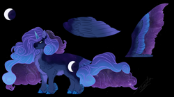 Size: 2000x1118 | Tagged: safe, artist:theartfox2468, imported from twibooru, princess luna, alicorn, pony, black background, coat markings, colored hooves, colored wings, ear fluff, ethereal mane, facial markings, feathered fetlocks, female, gradient wings, hoof fluff, image, mare, multicolored wings, pale belly, png, redesign, simple background, solo, tail feathers, wings
