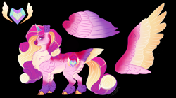 Size: 2000x1118 | Tagged: safe, artist:theartfox2468, imported from twibooru, princess cadance, alicorn, pony, alternate cutie mark, black background, chest fluff, cloven hooves, coat markings, colored ears, colored hooves, colored wings, ear fluff, facial markings, female, gradient mane, gradient wings, hoof fluff, image, leg fluff, mare, multicolored hair, multicolored wings, pale belly, png, redesign, simple background, solo, tail feathers, wings