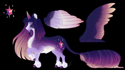 Size: 2000x1118 | Tagged: safe, artist:theartfox2468, imported from twibooru, twilight sparkle, alicorn, pony, black background, blaze (coat marking), chest fluff, coat markings, colored ears, colored hooves, colored wings, ear fluff, facial hair, facial markings, female, goatee, gradient mane, gradient wings, hoof fluff, horn, image, leg fluff, leonine tail, mare, multicolored wings, pale belly, png, raised hoof, redesign, simple background, solo, twilight sparkle (alicorn), wings