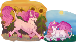 Size: 2000x1118 | Tagged: safe, artist:theartfox2468, imported from twibooru, princess celestia, pony, unicorn, braid, chest fluff, colored hooves, ear fluff, eyes closed, facial hair, female, field, flower, flower in hair, freckles, goatee, happy, image, leg fluff, leonine tail, lying down, mare, png, race swap, running, scenery, smiling, solo, sunflower, unicorn celestia, unshorn fetlocks, younger
