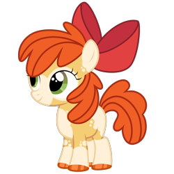 Size: 1280x1280 | Tagged: safe, artist:transjoestar, imported from twibooru, apple bloom, earth pony, pony, bald face, bow, coat markings, colored ears, colored hooves, facial markings, female, filly, image, png, redesign, simple background, smiling, solo, transparent background