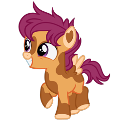 Size: 1280x1280 | Tagged: safe, artist:transjoestar, imported from twibooru, scootaloo, pegasus, pony, colored hooves, colored wings, facial markings, female, filly, image, mottled coat, open smile, png, redesign, simple background, solo, transparent background, wings