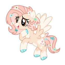 Size: 1280x1280 | Tagged: safe, artist:transjoestar, imported from twibooru, fluttershy, pegasus, pony, base used, brown eyes, coat markings, colored hooves, colored wings, facial markings, female, flower, flower in hair, flying, heart mark, image, mare, open mouth, pale belly, png, redesign, simple background, socks (coat marking), solo, transparent background, wings