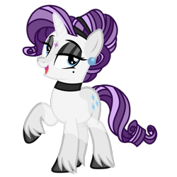 Size: 1280x1280 | Tagged: safe, artist:transjoestar, imported from twibooru, rarity, pony, unicorn, base used, blaze (coat marking), choker, coat markings, colored hooves, ear piercing, earring, eyeshadow, female, hair bun, image, jewelry, makeup, mare, mole, open mouth, piercing, png, raised hoof, redesign, simple background, solo, star (coat marking), transparent background, unshorn fetlocks