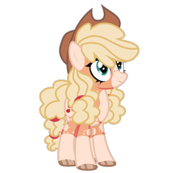 Size: 1280x1280 | Tagged: safe, artist:transjoestar, imported from twibooru, applejack, earth pony, pony, applejack's hat, bald face, coat markings, colored ears, colored hooves, cowboy hat, curly hair, female, freckles, hat, image, mare, pigtails, png, redesign, simple background, solo, standing, transparent background, twintails