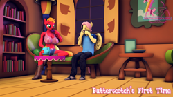 Size: 1920x1080 | Tagged: safe, artist:senthaurekmern, imported from derpibooru, part of a set, big macintosh, fluttershy, anthro, earth pony, pegasus, plantigrade anthro, comic:butterscotch's first time, 3d, big breasts, book, bookshelf, boots, breasts, busty macareina, butterreina, butterscotch, cleavage, clothes, commission, couch, cowboy boots, cup, date, denim, denim shorts, eyes closed, female, fluttermac, fluttershy's cottage, fluttershy's cottage (interior), food, macareina, male, midriff, pants, pillow, rule 63, shipping, shirt, shoes, shorts, sitting, source filmmaker, straight, t-shirt, tea, teacup, teapot, window
