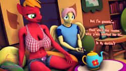Size: 1920x1080 | Tagged: safe, artist:senthaurekmern, imported from derpibooru, part of a set, big macintosh, fluttershy, anthro, earth pony, pegasus, comic:butterscotch's first time, 3d, abs, belly, belly button, big breasts, book, bookshelf, breasts, busty macareina, butterreina, butterscotch, cleavage, clothes, commission, couch, cup, date, denim, denim shorts, dialogue, female, fluttermac, fluttershy's cottage, fluttershy's cottage (interior), food, looking at someone, macareina, male, midriff, open mouth, open smile, pants, pillow, rule 63, shipping, shirt, shorts, sitting, smiling, source filmmaker, straight, t-shirt, tea, teacup, teapot, thighs, window