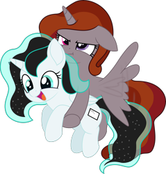 Size: 3956x4145 | Tagged: safe, artist:pencil_draw_indo, edit, editor:fauli1221, imported from derpibooru, oc, oc only, oc:funny jo, oc:light jet, alicorn, pony, .svg available, :d, :t, absurd resolution, alicorn oc, base used, cutie mark, duo, duo female, female, female oc, filly, flying, foal, folded wings, heterochromia, holding a pony, horn, open mouth, open smile, recolor, simple background, smiling, svg, transparent background, unamused, vector, wings, younger