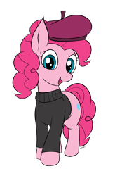 Size: 1846x2819 | Tagged: safe, artist:wapamario63, imported from ponybooru, pinkie pie, earth pony, pony, beret, clothes, colored, cute, female, flat colors, hat, looking at you, mare, open mouth, open smile, simple background, smiling, smiling at you, solo, sweater, transparent background, turtleneck