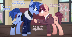 Size: 1920x996 | Tagged: safe, artist:limedazzle, imported from derpibooru, oc, oc only, oc:allen, oc:james, earth pony, pony, unicorn, argument, clothes, duo, duo male, male, stallion, text
